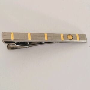 Dunhill Vintage Tie Clasp Clip Bar Silver Gold Retro Logo Striped Minimalist